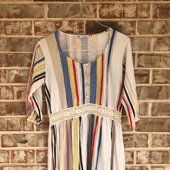 ZARA Combined Striped Lace Boho Mod MIDI Dress M - Picture 7 of 15